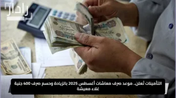 التأمينات تُعلن.. موعد صرف معاشات أغسطس 2025 بالزيادة وحسم صرف 400 جنية غلاء معيشة